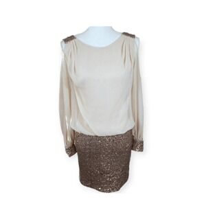 Cache Women Rose Gold Sequin‎ Cold Shoulder Blouson Cocktail Dress Size 10